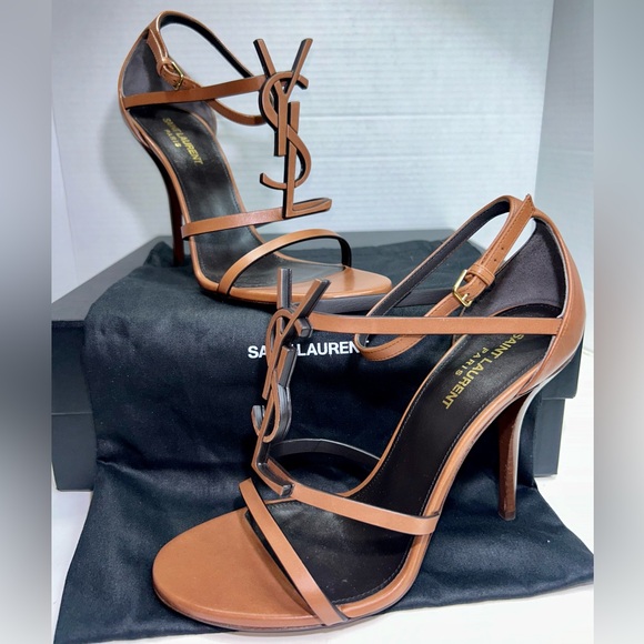 SAINT LAURENT CASSANDRA 100 SANDAL METAL YSL LOGO BROWN LEATHER SZ 39.5 NEW! - Picture 6 of 16